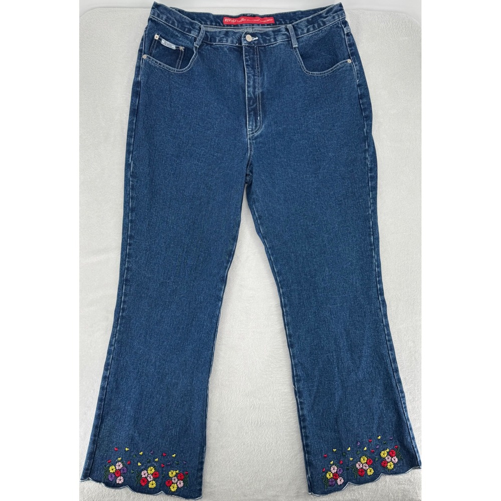 Revolt Vintage Floral Embroidered Scallop Hem Jeans Blue Wide Leg Plus Size 20 - Picture 1 of 6